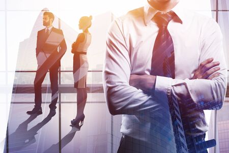 Businesspeople in abstract glass office interior with sunlight and city view. Meeting and employment concept. Double exposure の写真素材