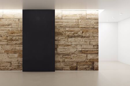 Creative loft interior with empty poster on stone background. Gallery, exhibition and ad concept....