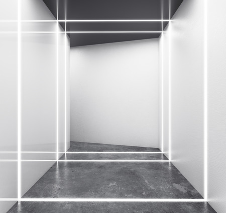 Creative white futurisitc interior with laser and copy space on wall. Gallery and exhibition concept. Mock up, 3D Rendering の写真素材