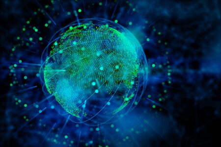 Abstract glowing polygonal sphere on blurry background. Global business concept. 3D Rendering 