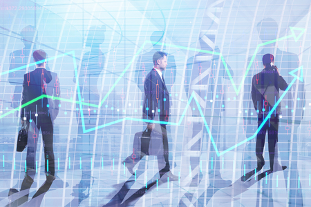 Businessmen on abstract city background. Meeting and trade concept. Double exposure の写真素材