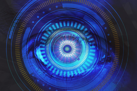 Abstract digital blue eye backdrop. Vision and biometrics concept. Double exposure の写真素材