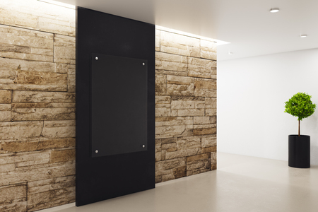 Creative loft interior with empty poster on stone background. Gallery, exhibition and ad concept. Mock up, 3D Rendering の写真素材