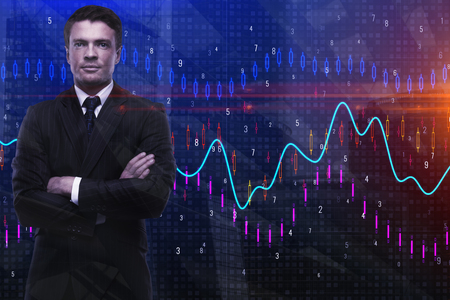 Thoughtful businessman standing on abstract city forex chart background. Trade and finance concept....