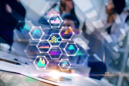 Smartphone with abstract business hologram on blurry office meeting background. Teamwork and future concept. Double exposureの写真素材