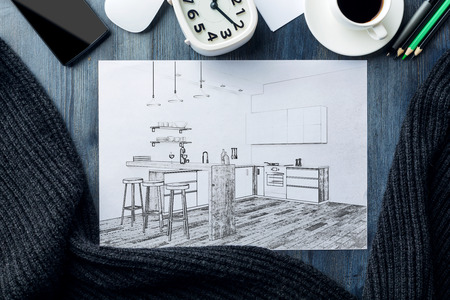 Top view of desktop workplace with creative kitchen interior sketch. Designer workplace concept