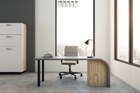 Modern office interior with workplace and New York city view. 3D Rendering の写真素材