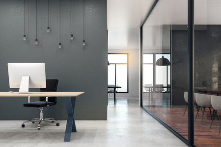 Modern office interior with workplace, equipment and city view. 3D Rendering の写真素材