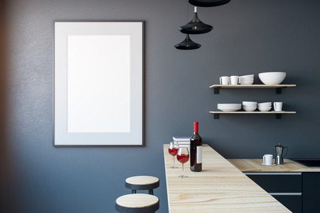 Modern kitchen interior with empty banner on wall. Mock up, 3D Rendernig の写真素材