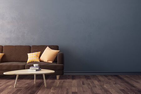 Modern concrete living room interior with furniture and copy space on wall. Design and style concept. 3D Rendering の写真素材