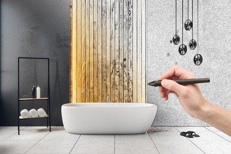 Hand drawing modern bathroom interior. Engineering, architecture and design concept. 3D Rendering の写真素材