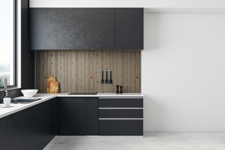 Contemporary kitchen room interior with copy space on wall and daylight. Mock up, 3D Rendering の写真素材