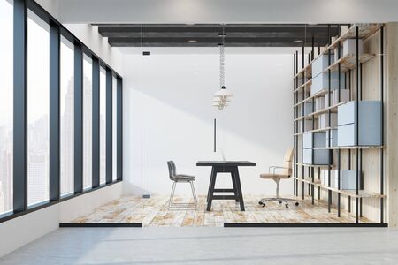 Side view of bright office with panoramic New York city view. 3D Rendering 