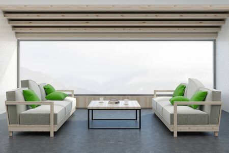 Contemporary living room interior with sofa, coffee table, panoramic landscape view and copy space. Mock up, 3D Rendering の写真素材