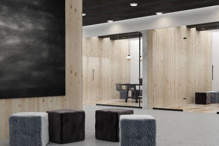 Contemporary office interior with empty blackboard poster. Mock up, 3D Rendernig