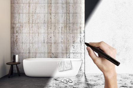 Hand drawing modern bathroom project. Design and engineering concept. 3D Rendering の写真素材
