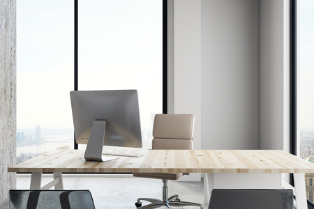 Luxury office interior with workplace and panoramic city view with daylight. 3D Rendering の写真素材