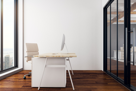 New office interior with workplace and panoramic city view with daylight. 3D Rendering の写真素材