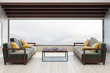 Modern living room interior with sofa, coffee table, panoramic landscape view and copy space. Mock...