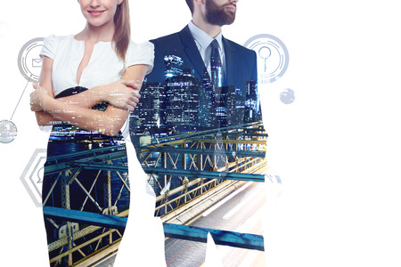 Businessman and woman on abstract city background with copy space. Teamwork and employment concept. Double exposure の写真素材