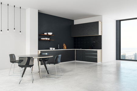 Designer kitchen interior with panoramic city view and daylight. 3D Rendering の写真素材