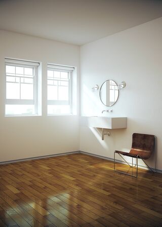Contemporary bathroom interior with sink, mirror, chair and sunlight. Design and architecture concept. 3D Rendering の写真素材