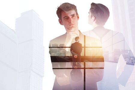 Businessman on abstract city office background. Success and meeting concept. Double exposure 