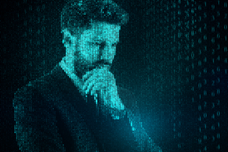Abstract thoughtful binary code businessman. Cyberspace and robotics concept. 3D Rendering の写真素材