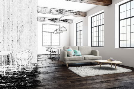 Unfinished modern open space interior with furniture and daylight. Engineering and design concept. 3D Rendering の写真素材
