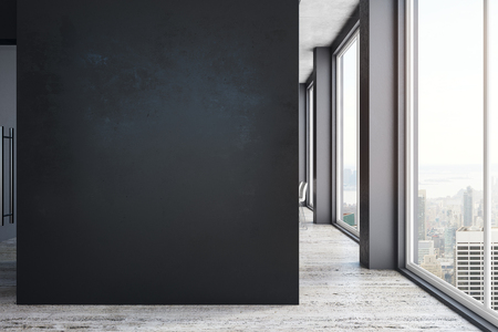 Modern office interior with copy space on wall, daylight and city view. Mock up, 3D Rendering の写真素材