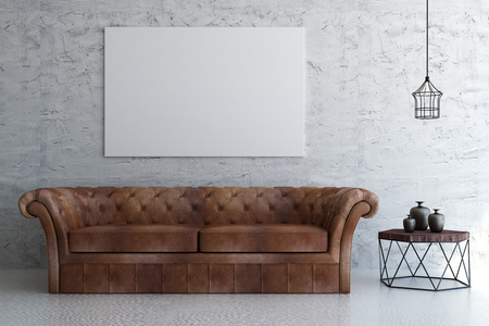 Modern living room interior with leather couch, small tablet with decorative items and empty billboard on wall. Mock up, 3D Rendering の写真素材