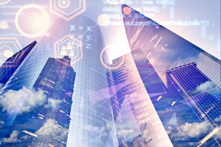 Abstract city background with html code and interface. Future and urban innovation concept. Double exposure の写真素材