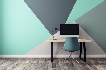 Front view of modern workplace in interior with copy space on wall. Studio and style concept. Mock up, 3D Rendering の写真素材