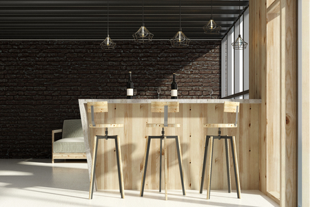 Wooden brick loft interior with furniture, window view and daylight. Style and design concept. 3D Rendering の写真素材