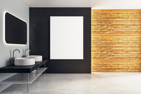 Side view of modern bathroom interioir with sinks, mirror with reflection and empty banner on wall. Mock up, 3D Rendering の写真素材