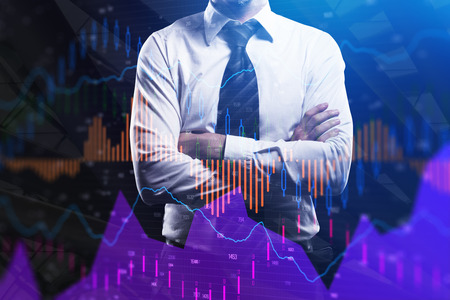 Businessman with folded arms standing on abstract forex chart city background. Fund management and...