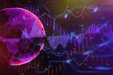 Creative globe and forex chart backdrop. Global business and trade concept. 3D Rendering の写真素材