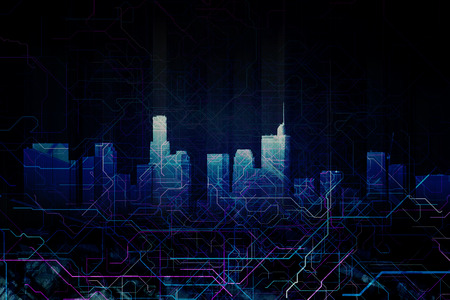 Abstract digtal grid city backdrop. Urban technology concept. 3D Rendering の写真素材
