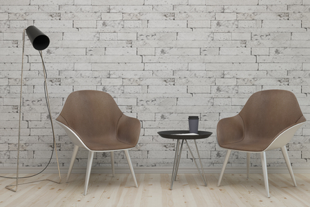Brick room with chairs, coffee table and professional lamp. Interview, studio and design concept. 3D Rendering の写真素材