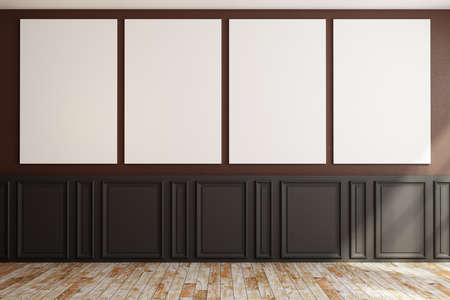 Modern concrete interior with empty banners on wall. Mock up, 3D Rendering 