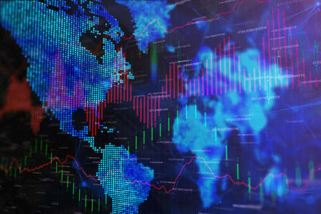 Blue forex wallpaper with map and lines. Investment, trade and finance concept. 3D Rendernigの写真素材