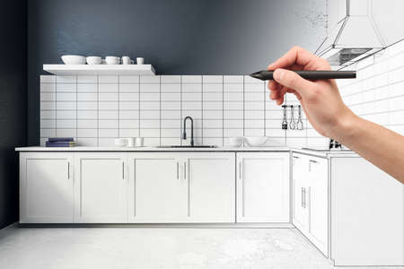 Hand drawing kitchen interior. Engineering and design concept. 3D Rendering の写真素材