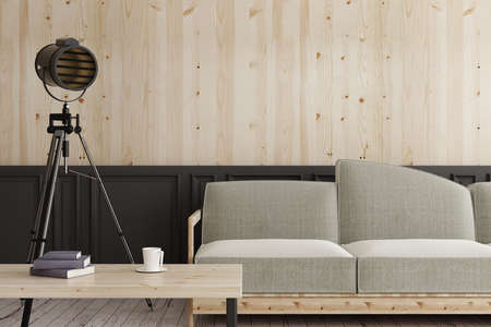 Modern living room interior with furniture and copy space on wooden wall. Mock up, 3D Rendering の写真素材