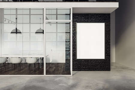 Modern meeting room interior with empty banner on wall. Mock up, 3D Rendering 