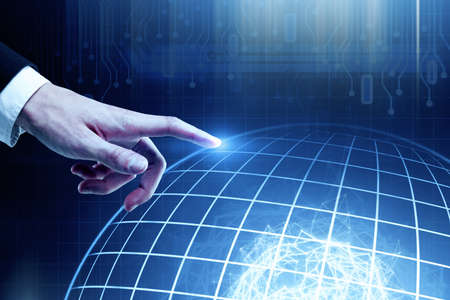 Businessman pointing at abstract digital frame globe. International business concept. 3D Rendering 