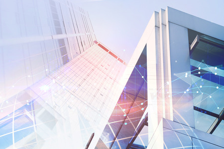Creative bright city wallpaper. Urban concept. Double exposure 