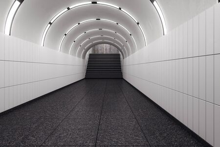 White metro subway underground tunnel interior with stairs. Transport concept. 3D Rendering の写真素材