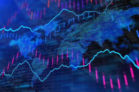 Blue forex background with map and lines. Investment, trade and finance concept. 3D Rendernigの写真素材