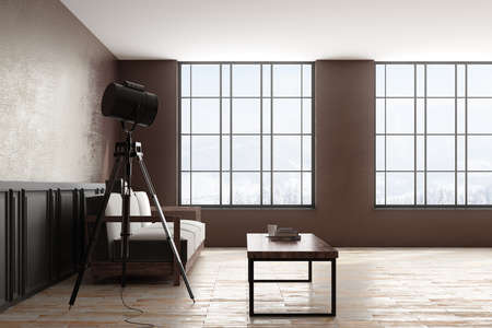 Side view of modern living room interior with furniture, copy space on concrete wall and window with panoramic view and daylight. Mock up, 3D Renderingの写真素材