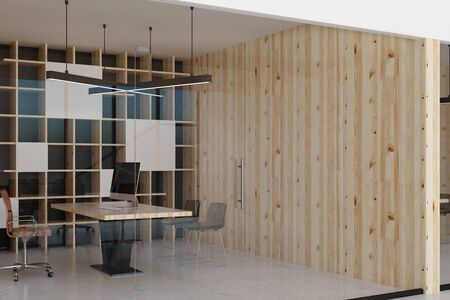 Contemporary office interior behind glass doors. Workplace design concept. 3D Rendering の写真素材